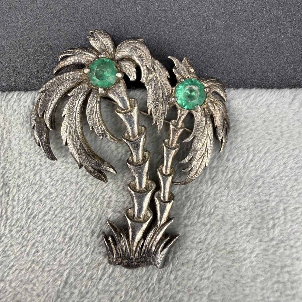 Vintage Palm Tree Brooch Silver Tone Green Rhinestone